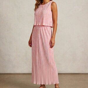 Robert Louis Pink Pleated Maxi Dress with crop overlay Sz L Bohemian Wedding